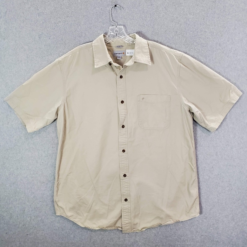 Carhartt Men Button Up Shirt XL Beige Relaxed Fit Logo Pocket Collar Summer